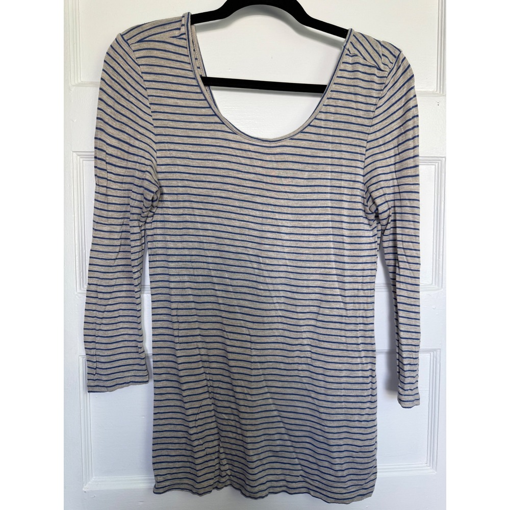 Dolan Left Coast Collection Tan Blue Striped Scoop Neck 3/4 Sleeve Top Small